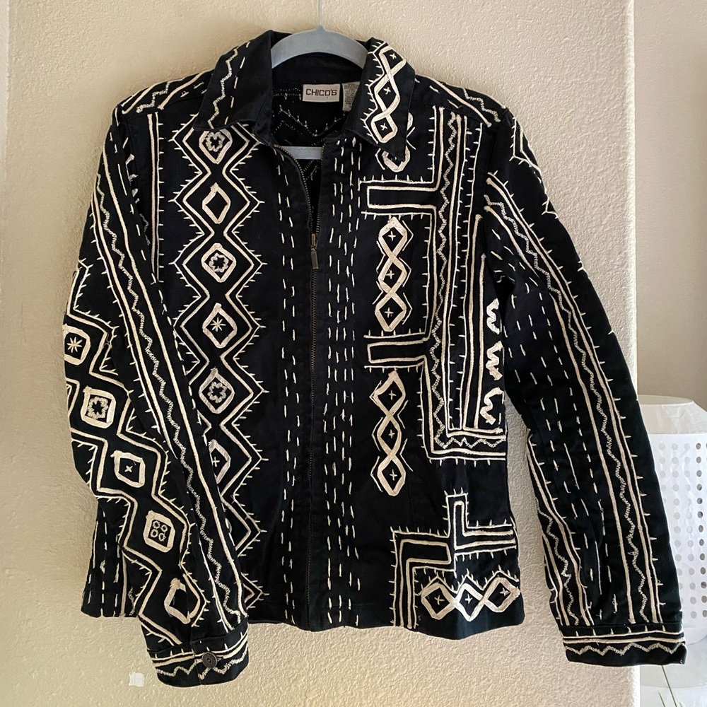 Chicos Embroidered Zip Jacket